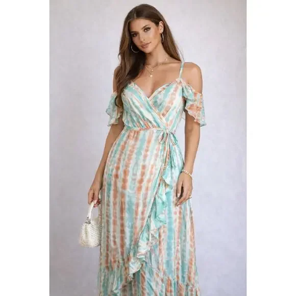 Khush Cold Shoulder Wrap Maxi Dress Boho Resort Vacation Floral L - Picture 1 of 10